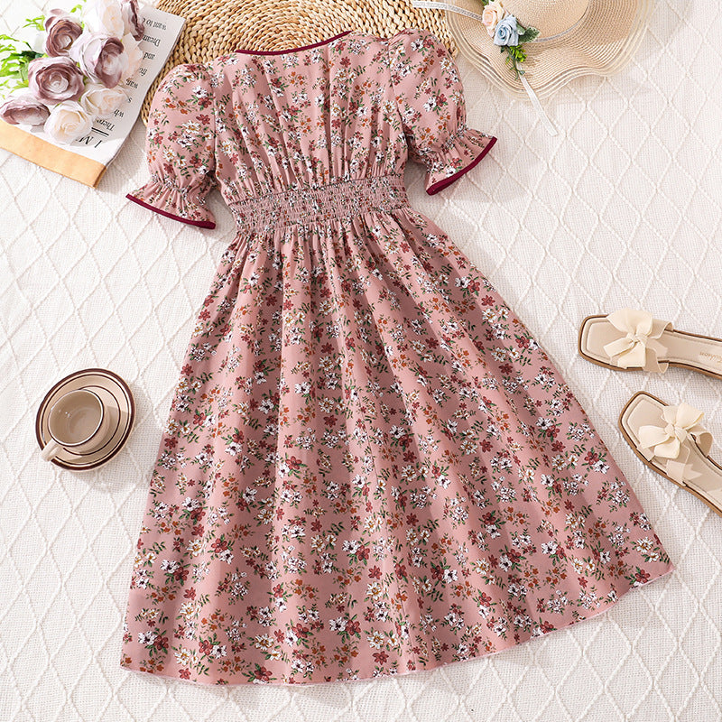 Summer girls' dress - new cross-border export style: french retro floral print, slim-fit, short-sleeve princess dress