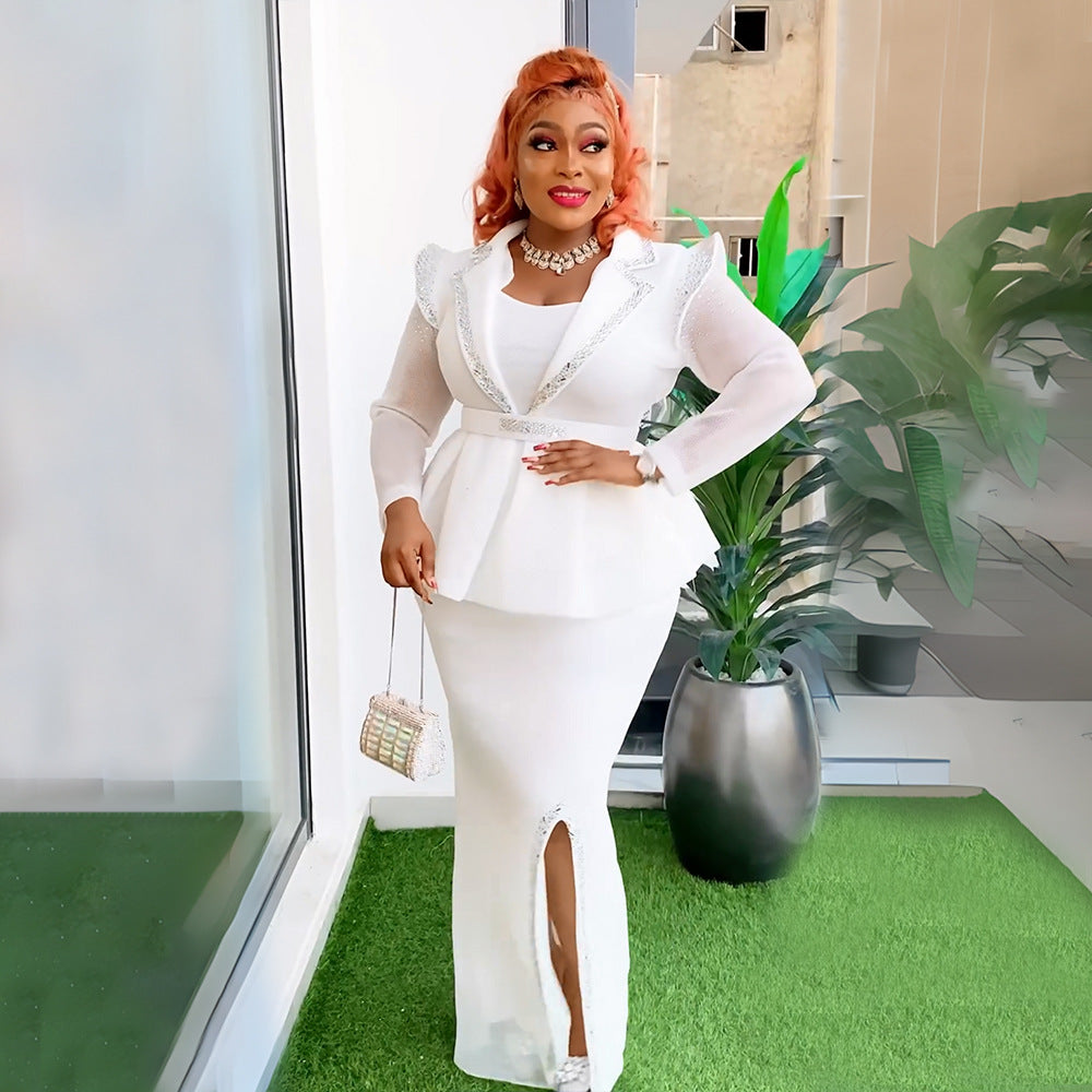 Fashion cross-border foreign trade mesh hot diamond elegant professional women's clothing plus size  african fake two-piece set dress