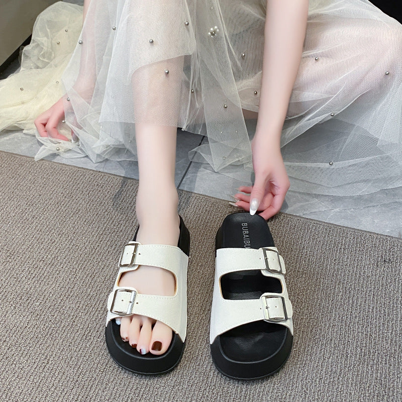 New arrivalcouple slippers thick sole summer outwearclassy sense of heightening shoes short women's sandals birkenstock one-line slippers