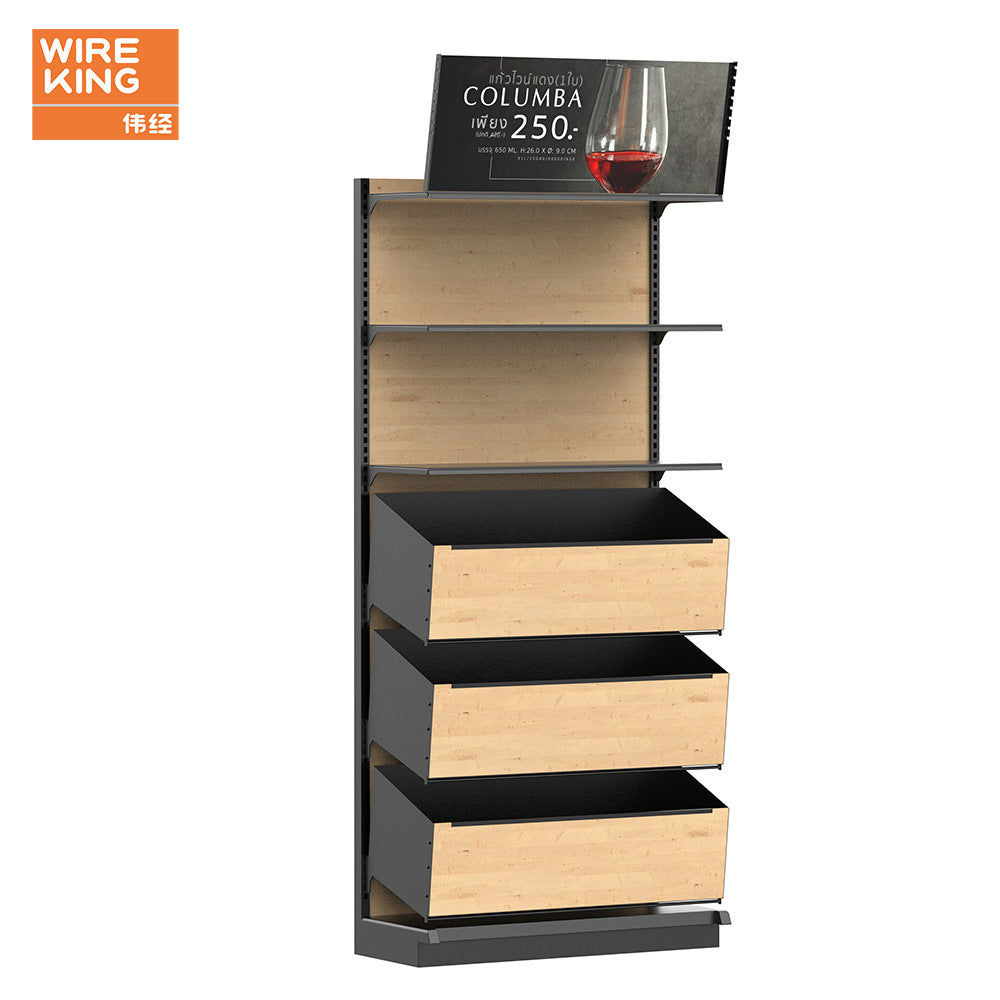 Customized multi-layer red wine shelves, supermarket wine area display shelves, iron-wood combined laminate adjustable wine shelves