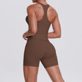 brushed pure color tight racerbackflap pocket pants shorts sports suit running fitness yoga wear two-piece set