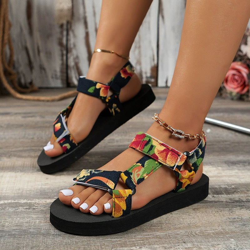 summer new arrivals: chunky sole canvas ethnic style women's peep-toe color block velcro beach sandals - plus size in stock