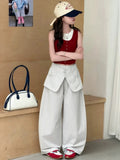 【100% cotton】super cute girls' wide-leg casual summer pants - faux two-piece, loose fit, scalloped hem, breathable and versatile