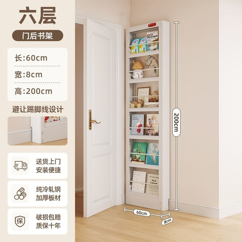 Behind-the-door bookshelf, ultra-slim over-the-door organizer, steel kids' storage rack for picture books, home wall bookshelf