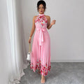 European and american cross-border women's summer  elegant halter neck tie waist floral print pleated maxi swing dress