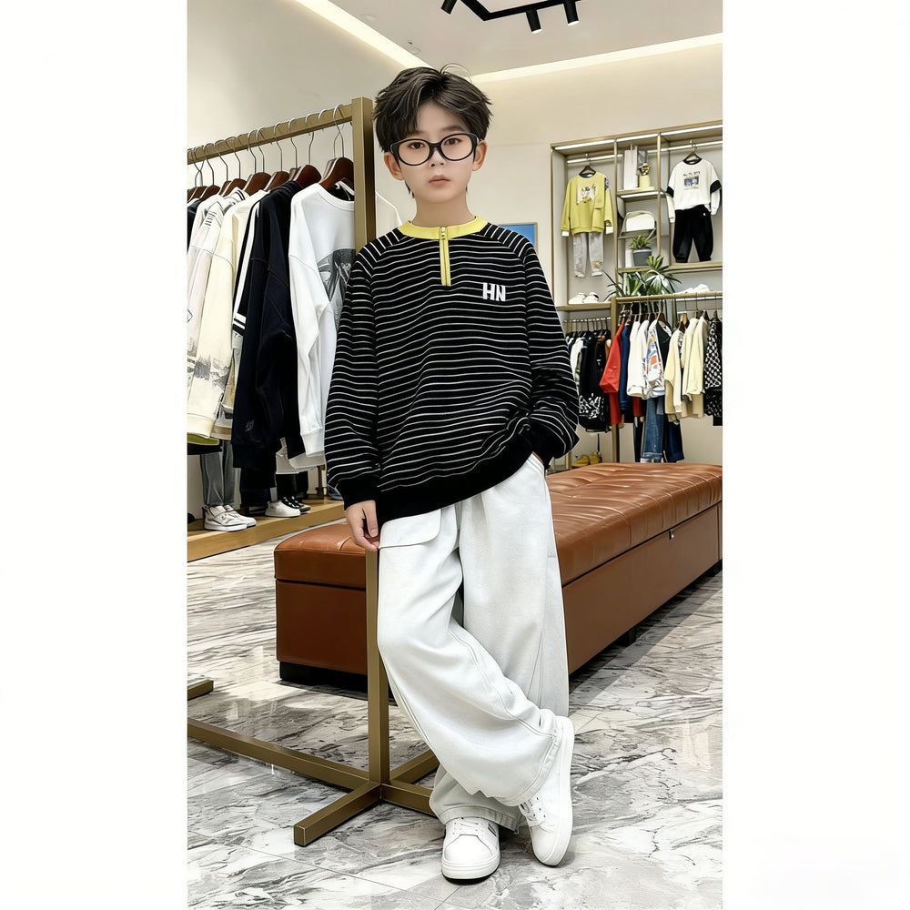 spring new kids' trendy hoodie - mid-to-large size, half-zip, striped, stylish top, boys' warm outerwear