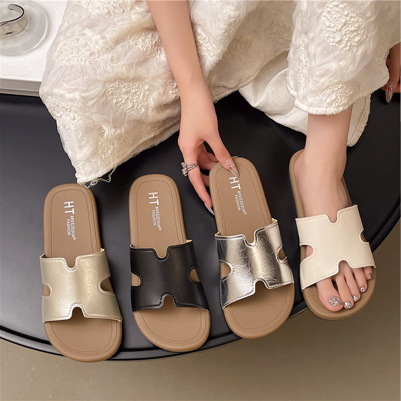 Fashionable starlight silver h strap versatile soft sole mules - french retro flat slide sandals for women