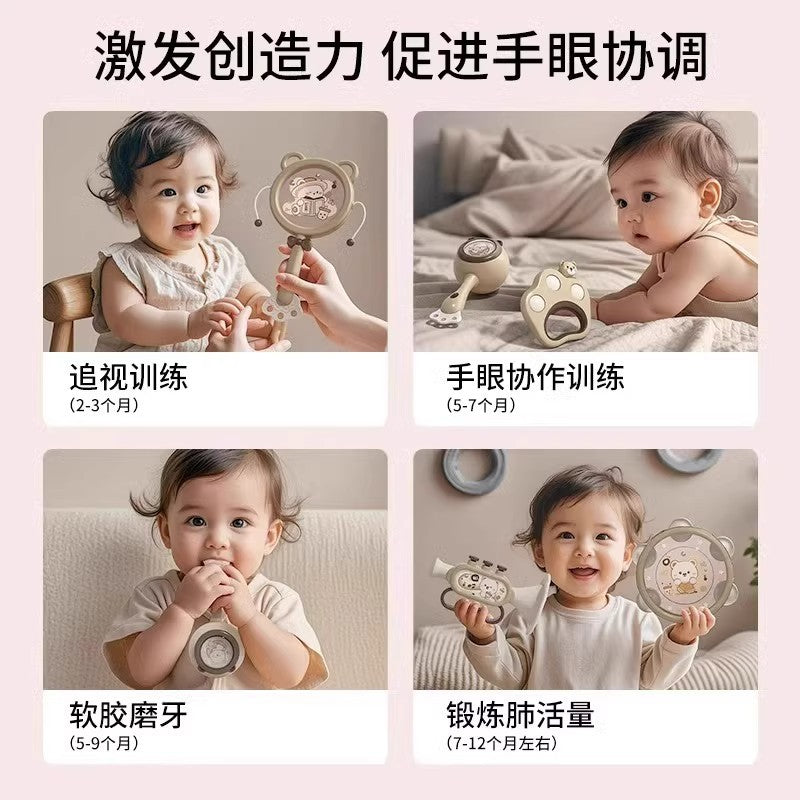 Newborn & infant early education 4-in-1 rattle instrument toy set - develops baby's auditory and visual development with hand drum
