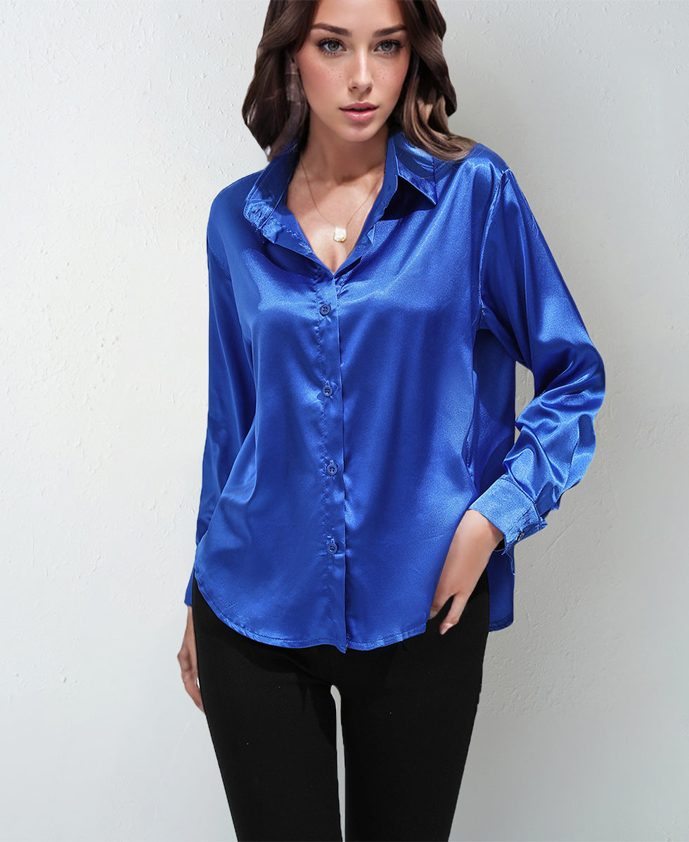 Satin shirt women's satinartificial silk long sleeves  best sellingpure colortopselegance button front lapel shirt