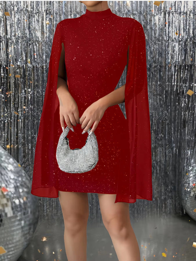 cross-border fashion: european & american style -  &  - ribbed pearl chiffon cape dress with bodycon fit