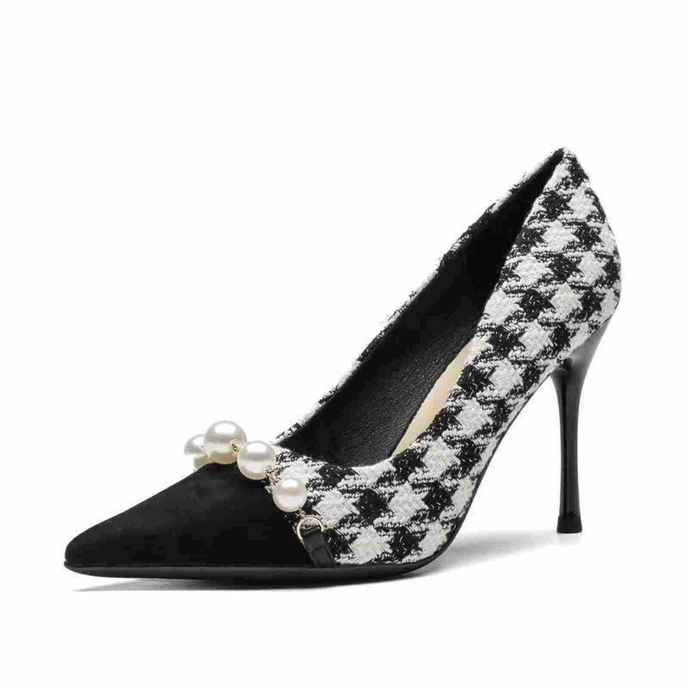 2023new arrival tweed style stiletto heel best selling french chidori grids high heels color matching easiest for match pearl flats women's fall and winter