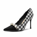 2023new arrival tweed style stiletto heel best selling french chidori grids high heels color matching easiest for match pearl flats women's fall and winter