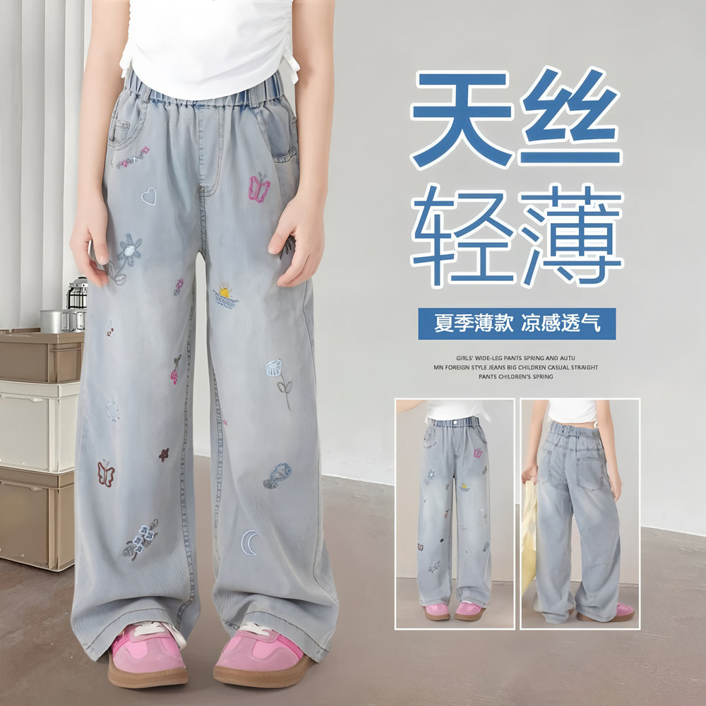 Girls' summer lightweight pants, new  styles for older girls, straight-leg wide-leg trousers, kids' tencel denim jeans