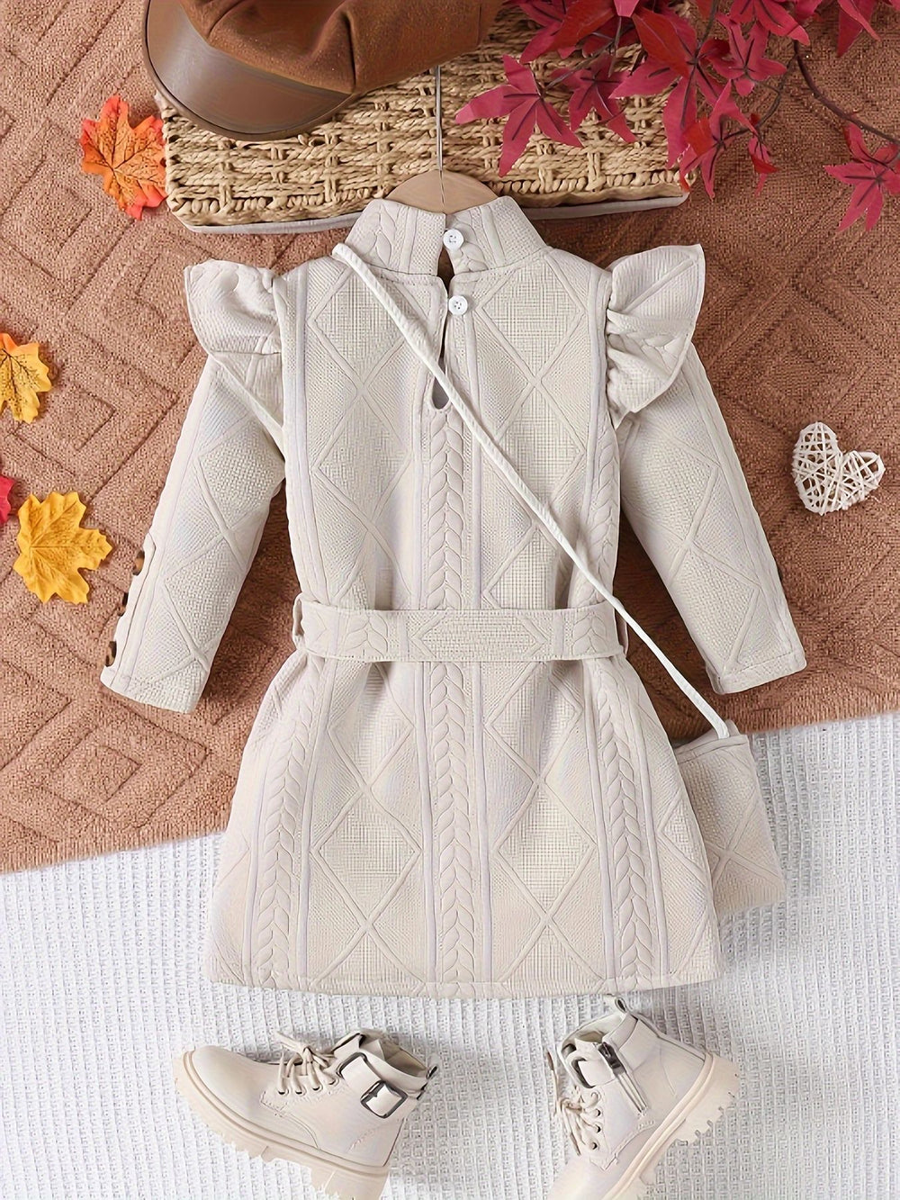 European and american autumn/winter style ins-inspired girls' textured crinkle striped flutter sleeve princess dress with matching bag - cross-border exclusive