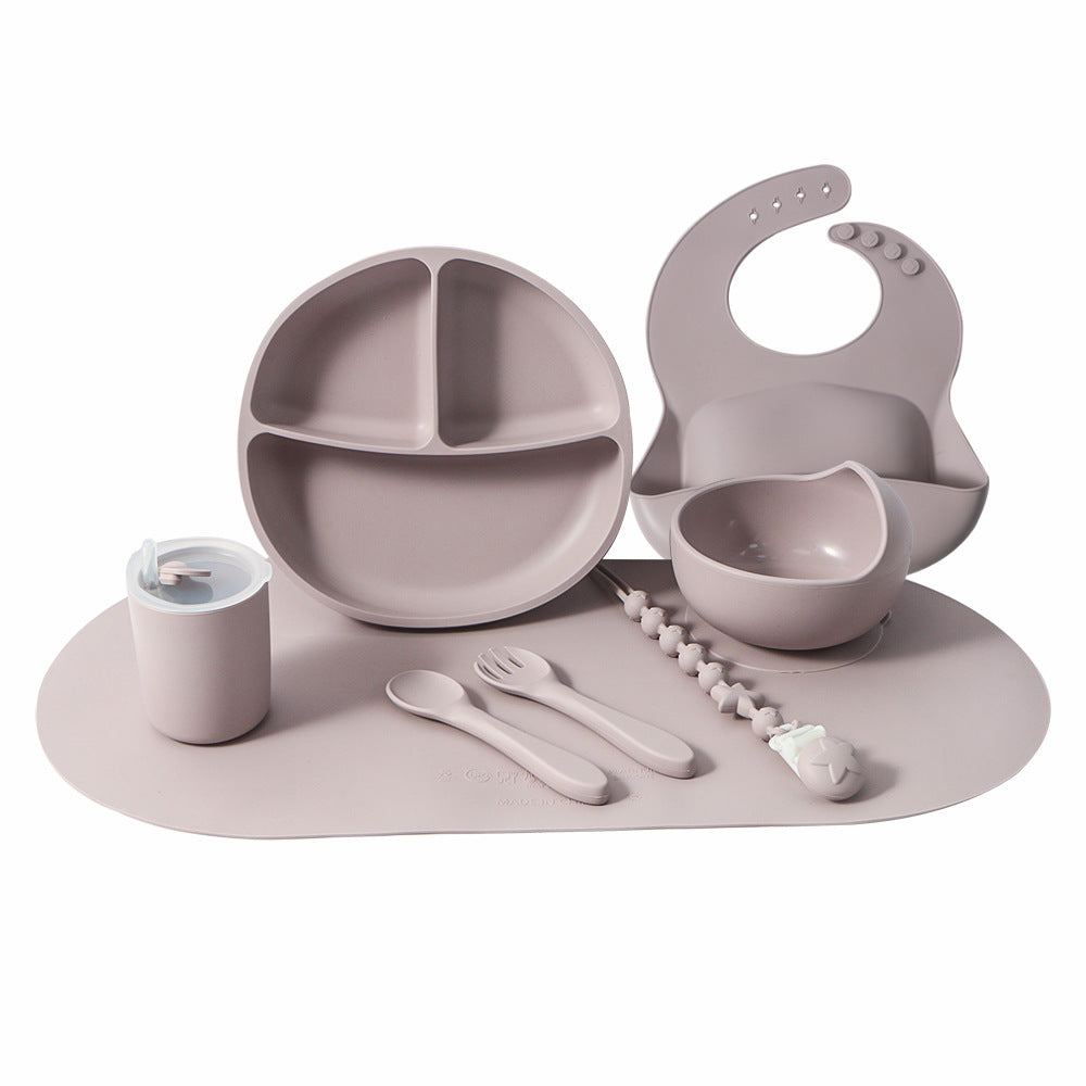 hot-selling children's food supplement silicone dinner plate, bowl, fork, spoon, bib, eight-piece tableware set, anti-fall dinner plate, suction cup