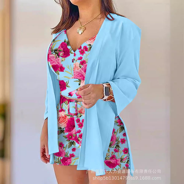 LZR7997A3 European and American  long-sleeved cardigan + suspender set of shorts 3-piece set - with belt