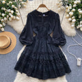 Long-sleeve dress - new  french-inspired design: unique v-neck lace single-breasted puff mini dress