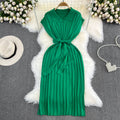 summer french retro chic polo collar loose fit waist tie a-line knit maxi dress