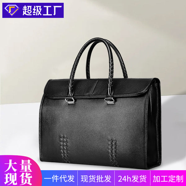 Fashion men's bag leather large-capacity business briefcase 15-inch cowhide computer bag handwoven men's handbag