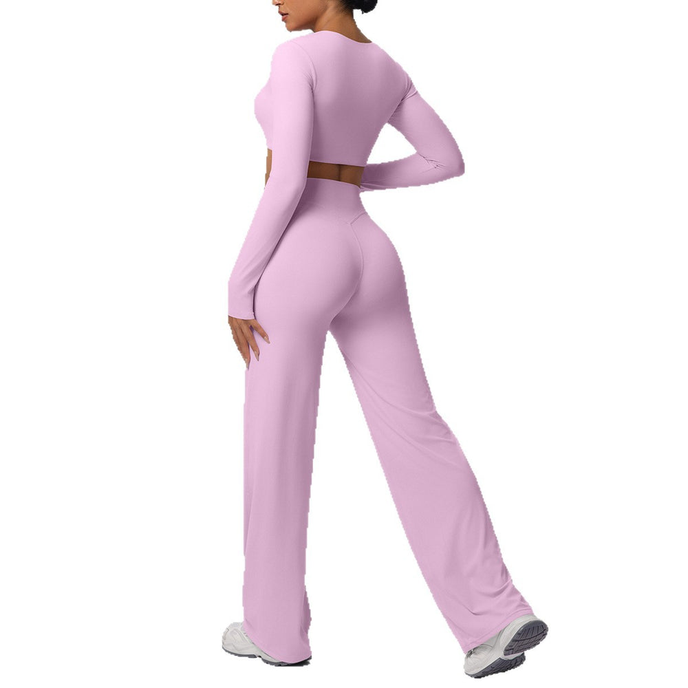 High-waisted, straight-leg, wide-leg, quick-drying yoga set with built-in bra pads, featuring a cropped, long-sleeved design. perfect for outdoor running and fitness activities for women