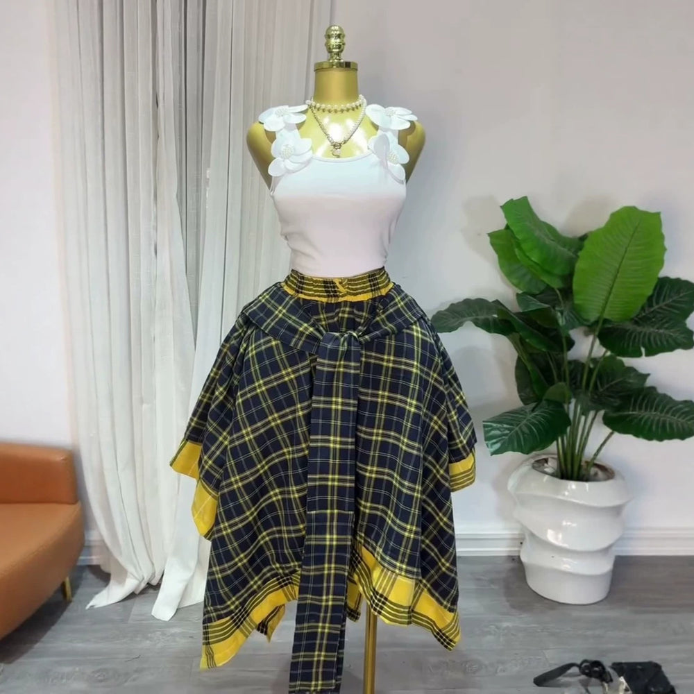 European and american cross-border women's fashion:  summer new arrival - high-waisted plaid tie-up asymmetrical a-line midi skirt