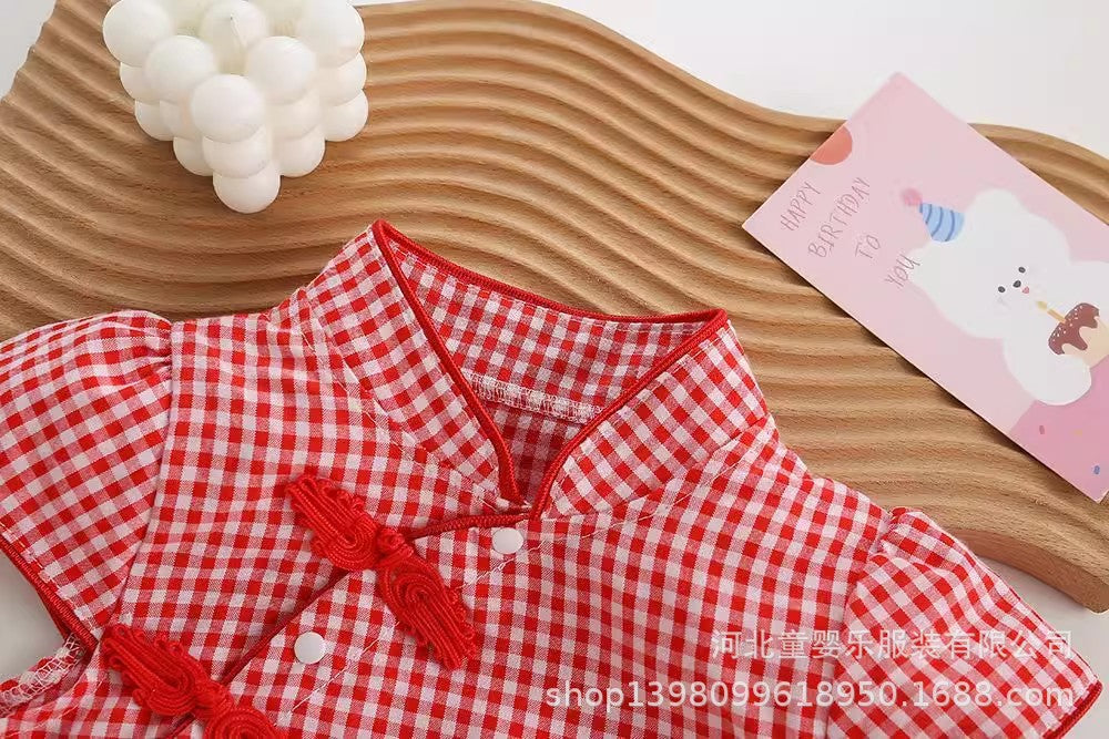 Newborn baby summer lightweight chic breathable outfit - baby girl's triangular cheongsam style flutter sleeve romper bodysuit