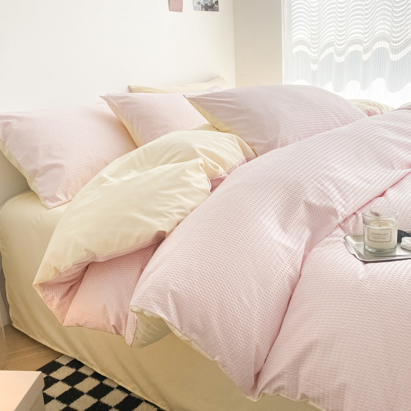 Solid color waffle four-piece wholesale ins polished bed sheet quilt cover Nantong quilt cover bed three-piece bed hat model