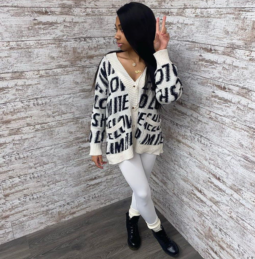 European and american cross-border women's clothing:  &  winter new arrivals - casual, loose-fit, letter print cardigan knit sweater tops