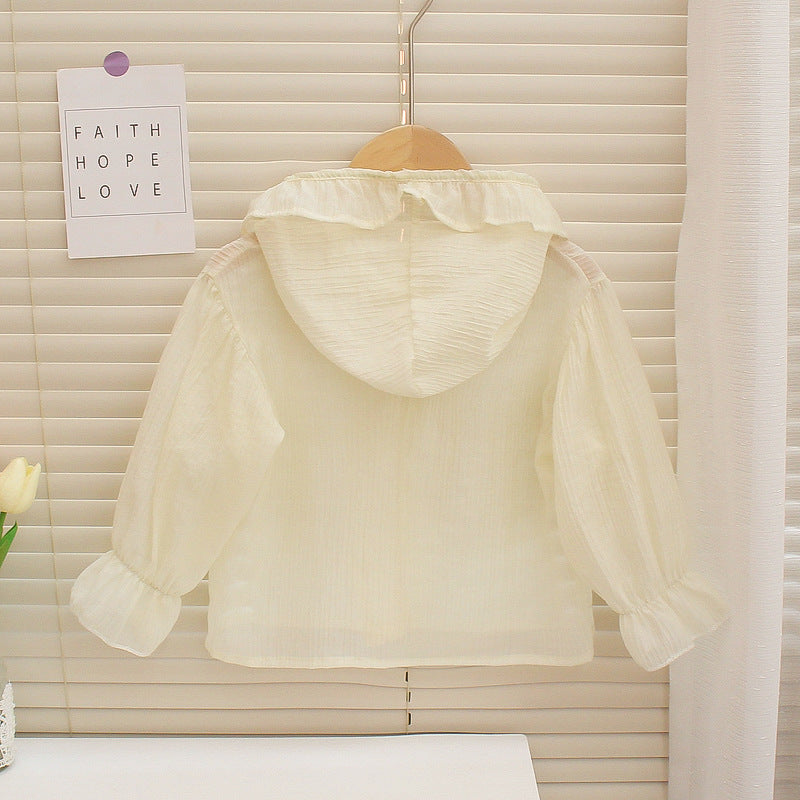 Korean style sun protection clothing for girls, summer : chic and sweet ruffle trim, lightweight and fashionable hooded sun jacket for kids