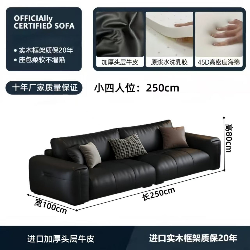 Italian minimalist genuine leather sofa, perfect for small apartments. black, top-grain cowhide, straight-row, high-end leather sofa for home living rooms