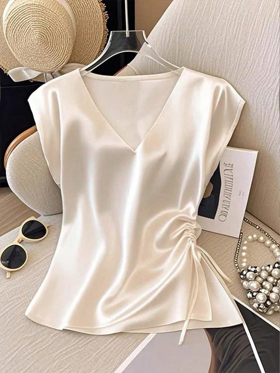 Amazon cross-border fashion independent station women's spring winter new arrival satin shirt v neck drawstring satin tops