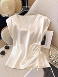 Amazon cross-border fashion independent station women's spring winter new arrival satin shirt v neck drawstring satin tops