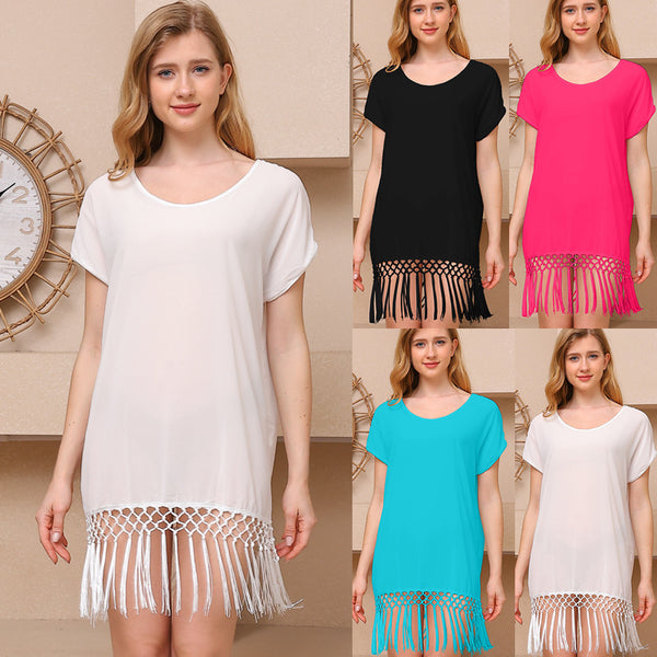 Cross-border European and American summer women's clothing knotted and fringed splicing solid color loose bat sleeves sweet wind sunscreen beach blouse