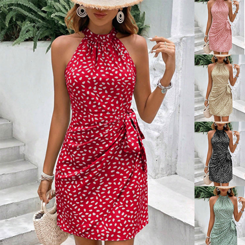 european and american cross-border women's summer fashion new style halter neck zipper sleeveless floral ruched mini dress