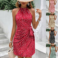 european and american cross-border women's summer fashion new style halter neck zipper sleeveless floral ruched mini dress
