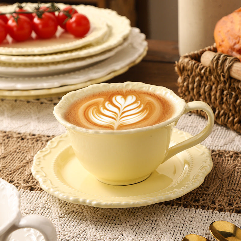 European minimalist style ceramic milk and water cup, perfect for office afternoon tea or coffee. exquisite embossed ceramic cup and saucer set
