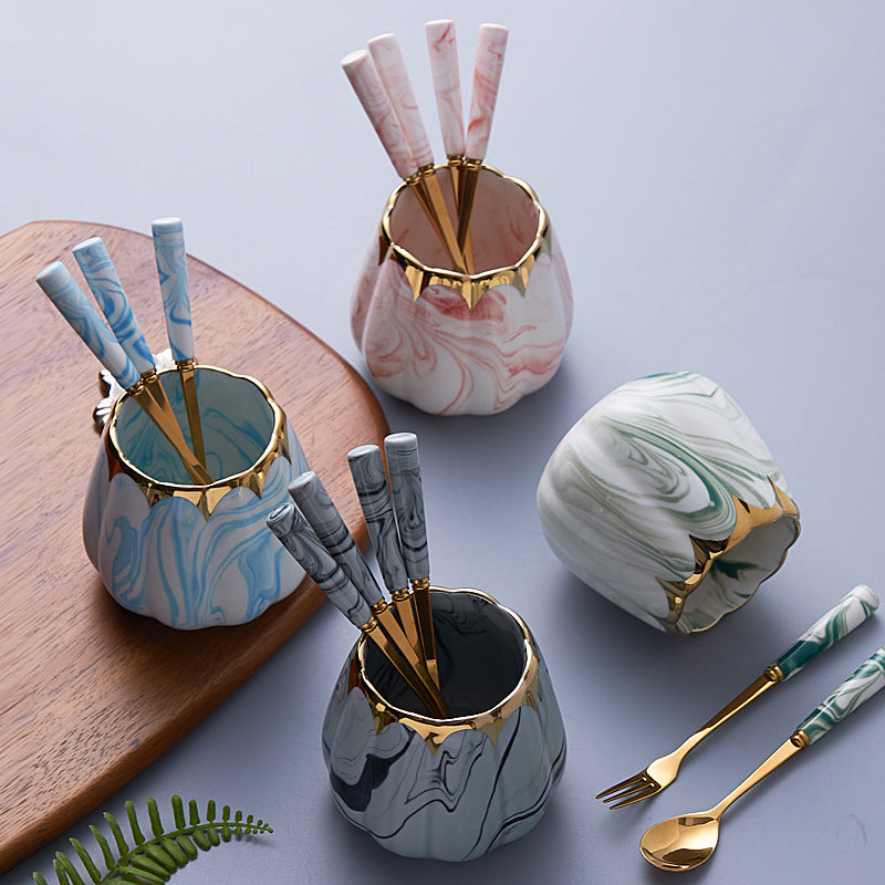 Nordic stainless steel fruit fork spoon ceramic storage jar set marble fruit fork household cutlery spoon dropshipping