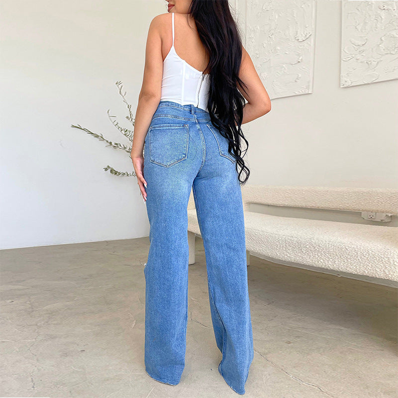 Factory direct  women's jeans: long, high-waisted, distressed, raw hem, hot-selling european and american style, comfortable wide-leg pants