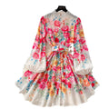 European and american retro court style dress - women's elegant socialite lantern sleeve stand collar button-down waist-defining printed midi dress