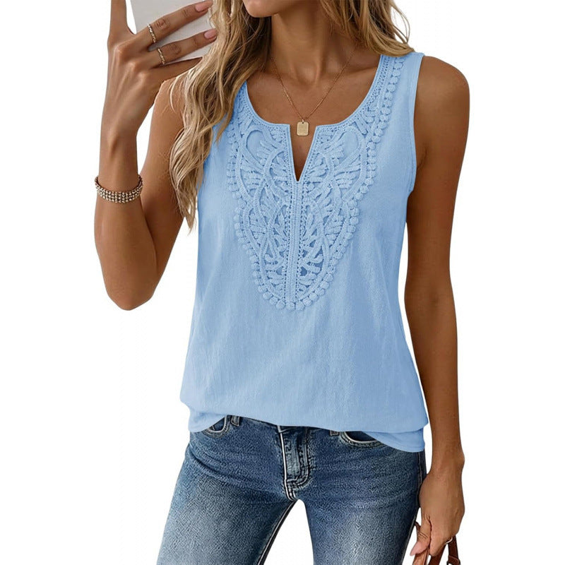 Amazon sleeveless v-neck linen shirt -  summer new arrival - lace bohemian style vacation tank top