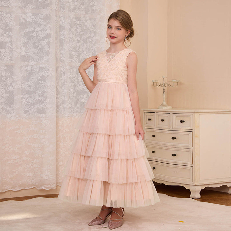 Custom girls' formal dresses, tiered cake dresses, long vest dresses, cross-border e-commerce, big & tall girls' dresses, french princess dresses