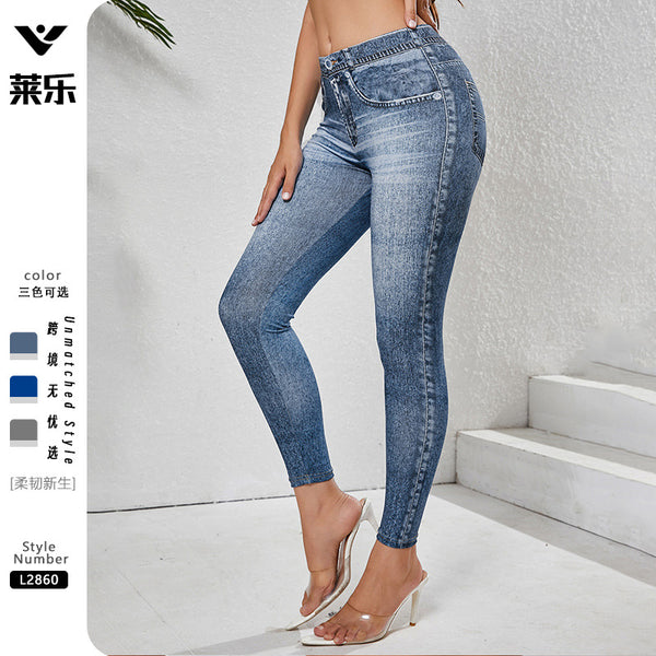 Cross-border retro high-elastic imitation denim leggings hip-lifting yoga trousers imitation denim yoga trousers yoga fitness clothes women