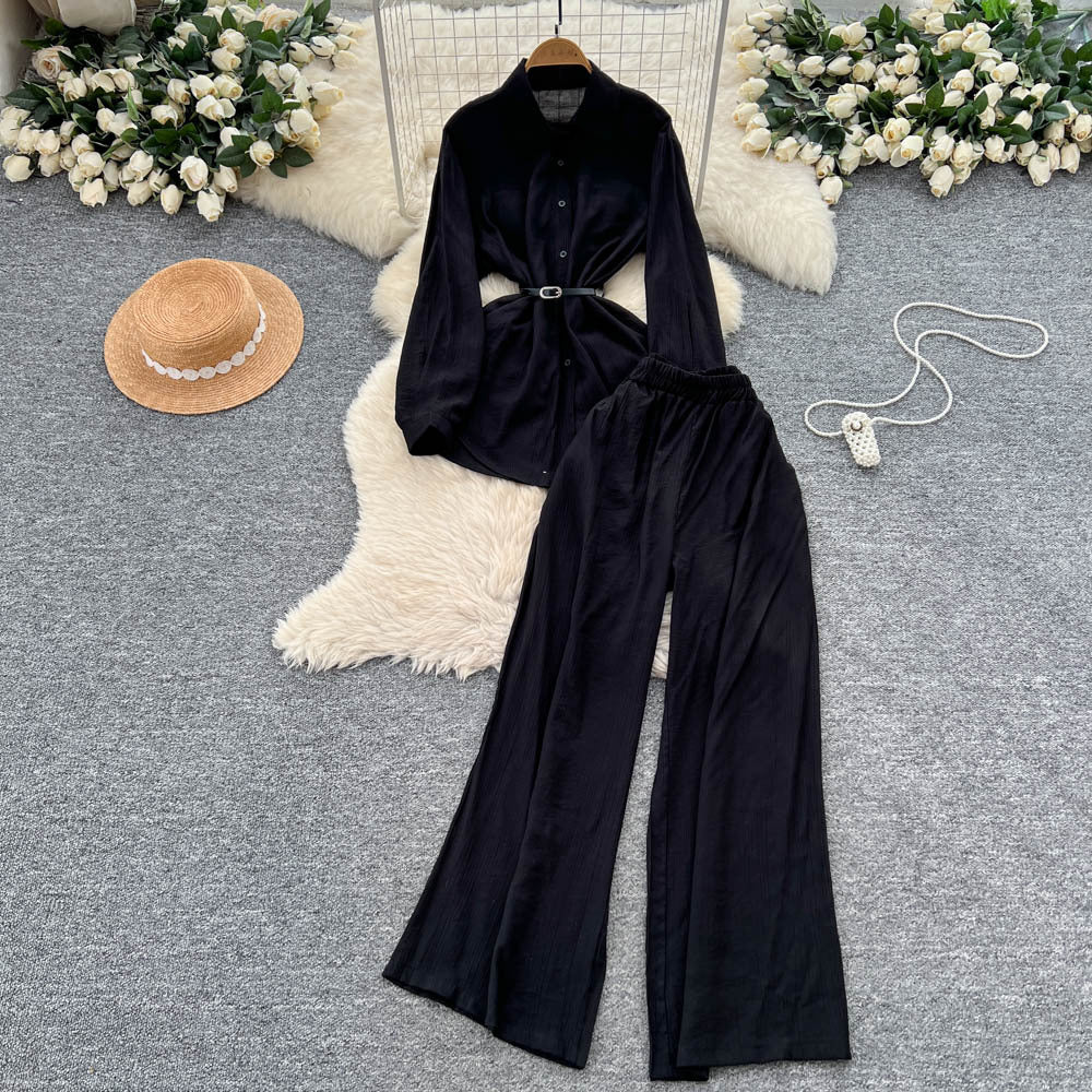British style high-end elegant lady set: women's long-sleeved polo shirt + elastic waist wide-leg slim-fit trousers