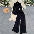 British style high-end elegant lady set: women's long-sleeved polo shirt + elastic waist wide-leg slim-fit trousers