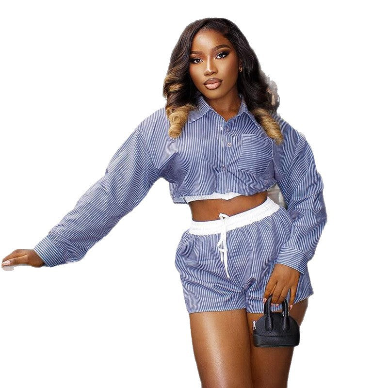 European and american style women's clothing  autumn new collection: sweet and fresh striped turn-down collar short sleeve shirt and high-waisted shorts two-piece set