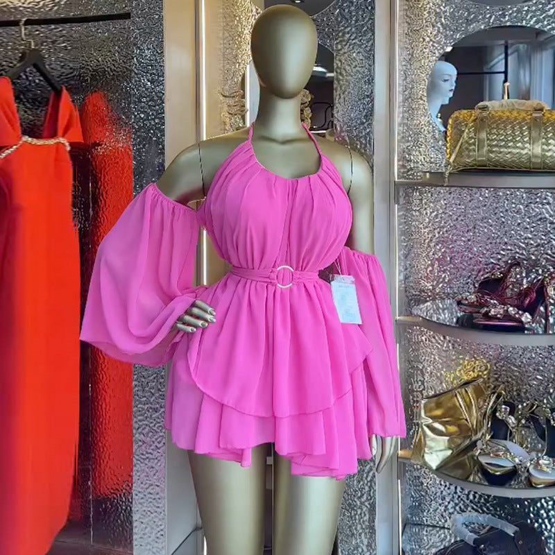 European and american cross-border women's fashion:  spring new arrivals - elegant and sweet halter neck, off-the-shoulder, asymmetrical waist, short dress