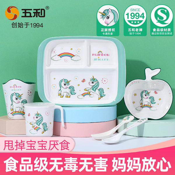 Wuhe unicorn children's tableware baby eating bowl spoon cartoon grid plate anti-drop anti-scalding cup tableware