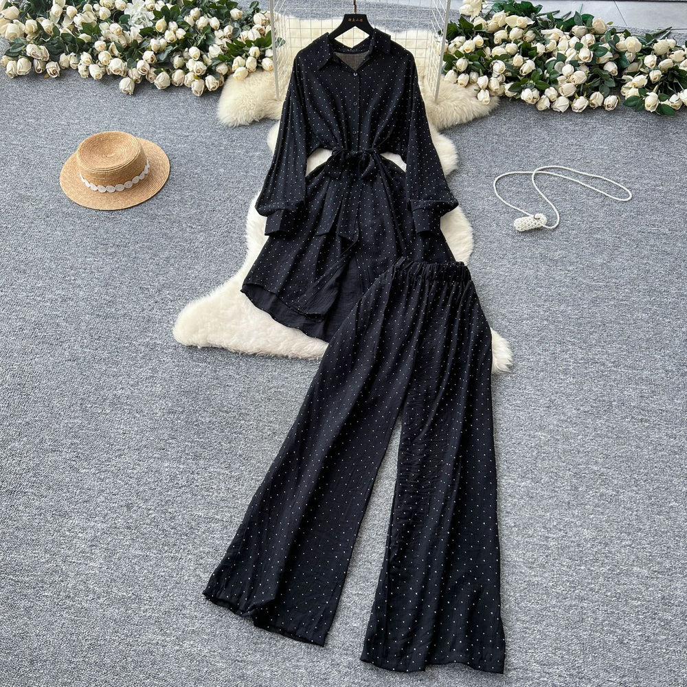 Fashionsuitfemalek-stylecasual lazy style strap waist mid-length hot diamond shirt high waist wide leg straight-leg pants