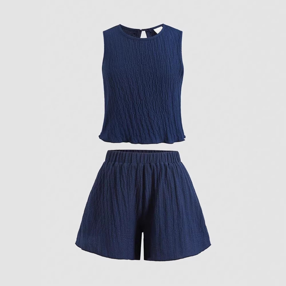Girls' navy blue sweet sleeveless top with textured detail and back bow + shorts two-piece set