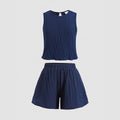 Girls' navy blue sweet sleeveless top with textured detail and back bow + shorts two-piece set